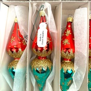 Vintage MCM Starburst Design Finial Glass Ornaments Red Green Gold 90s